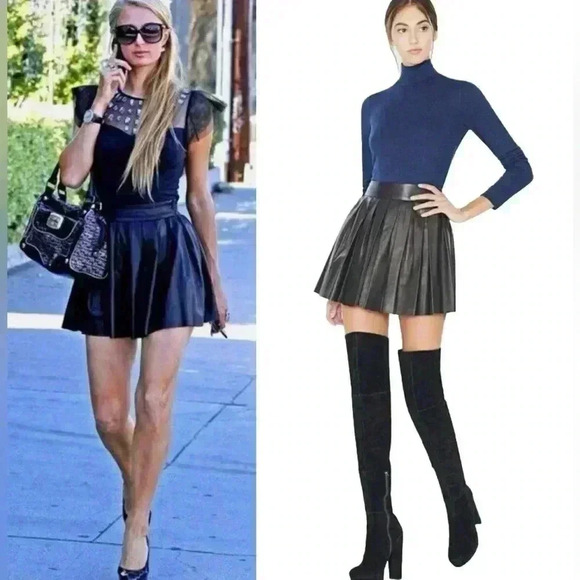Alice + Olivia Box Leather Mini Skirt Black Short Pleated 6 Small S $498 Lamb